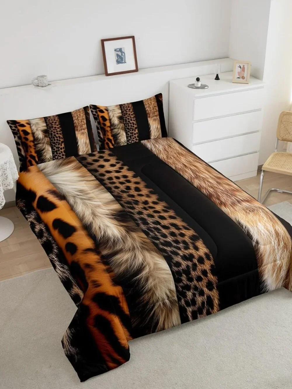 Leopard Print Comforter Set Wild Animal Fur Bedding Set Queen Size for Kids Boys